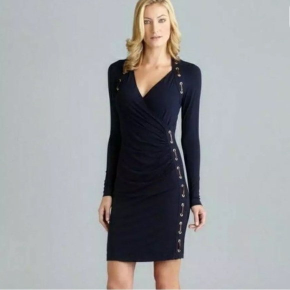 Carmen Marc Valvo Dresses & Skirts - Carmen Marc Valvo Navy Cut and Sew
Faux Wrap Dress Size Large